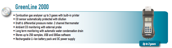 &bull; CO sensor automatically protected with dilution  &bull; Draft & differential pressure meter: 2 channel thermometer  &bull; Ambient CO monitoring with external probe  &bull; Long term monitoring with automatic water condensation drain  &bull; Stores up to 250 samples, USB and DBGas software