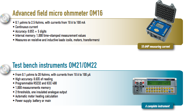 • 0.1 µohms to 2.5 Kohms, with currents from 10 A to 100 mA • Continuous current • Accuracy: 0.05% + 5 digits • Internal memory: 1,000 time-stamped measurement values • Measures on resistive and inductive loads (coils, motors, transformers)